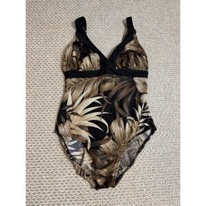 Longitude Womens Brown Tropical Palm Print One Piece Swimsuit V-Neck Size 12
